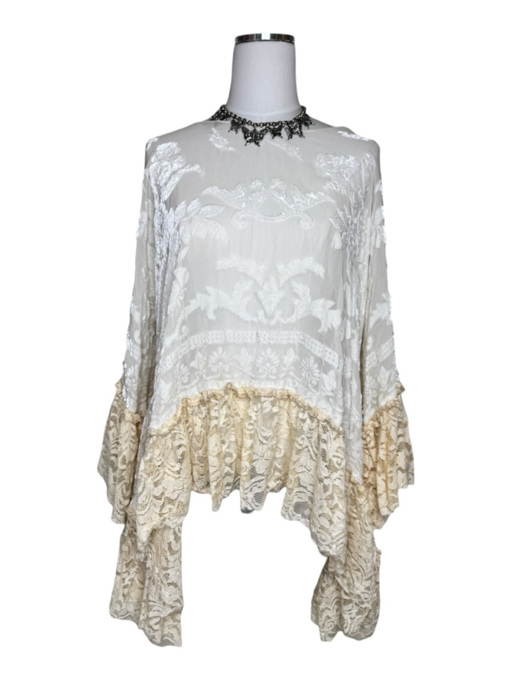 Y2K Ethos LA White + Cream Sheer Velvet Burnout + Lace Tunic Poncho One Size